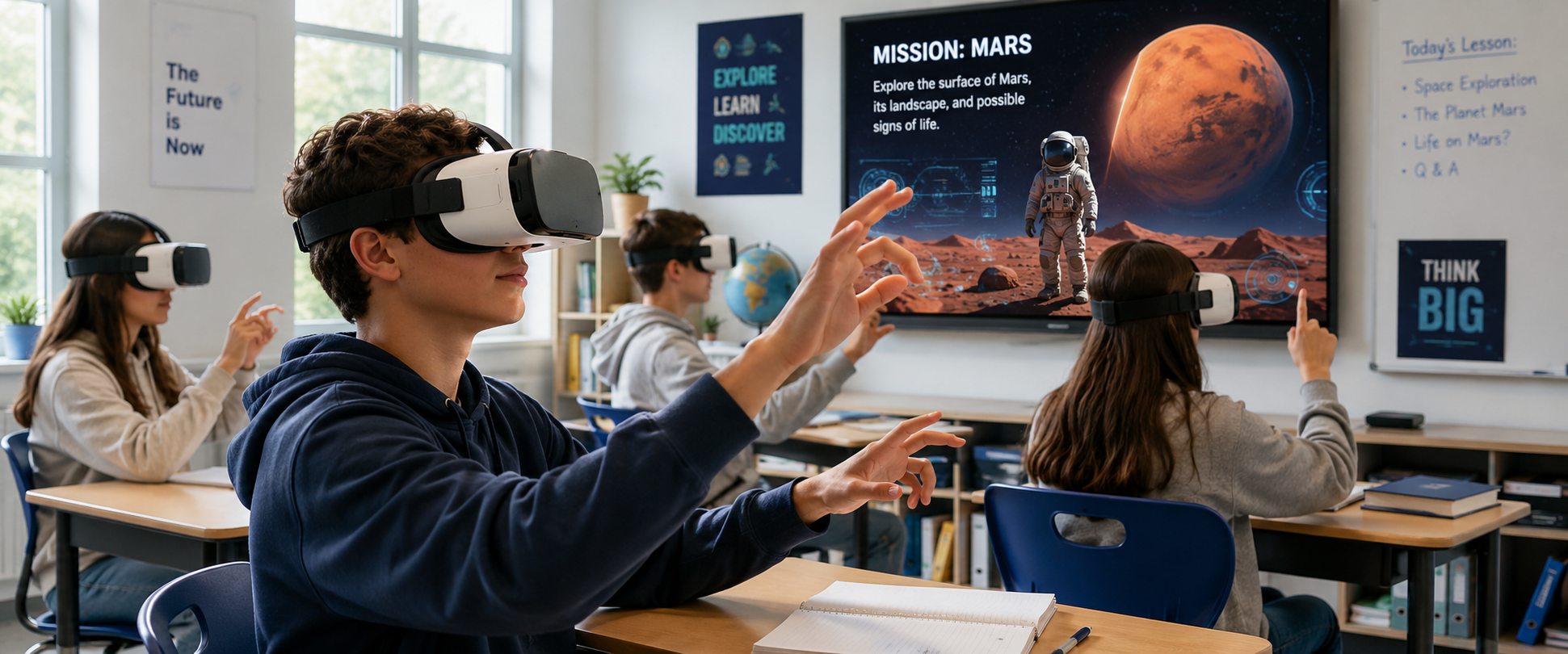 Students experiencing a virtual reality lesson in a classroom environment